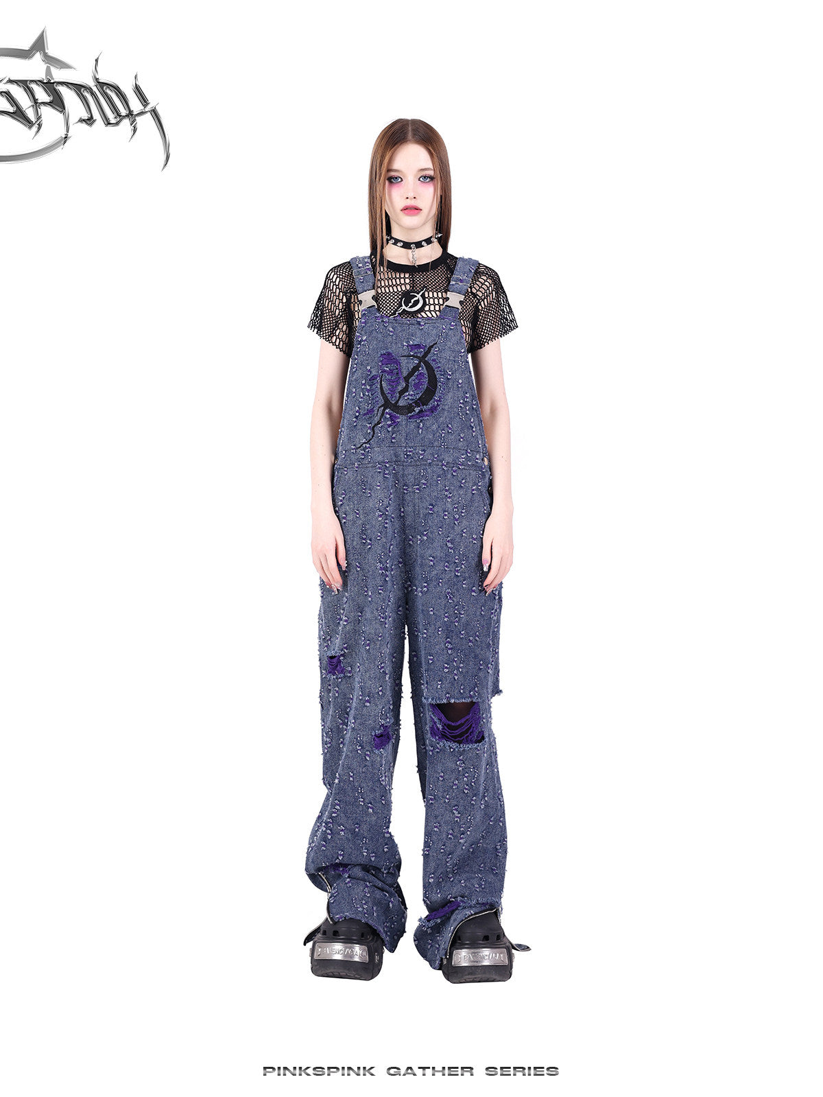 PINKSPINK GEOMETRY open-mesh crop tee in black — front full-length styling view with purple denim overalls