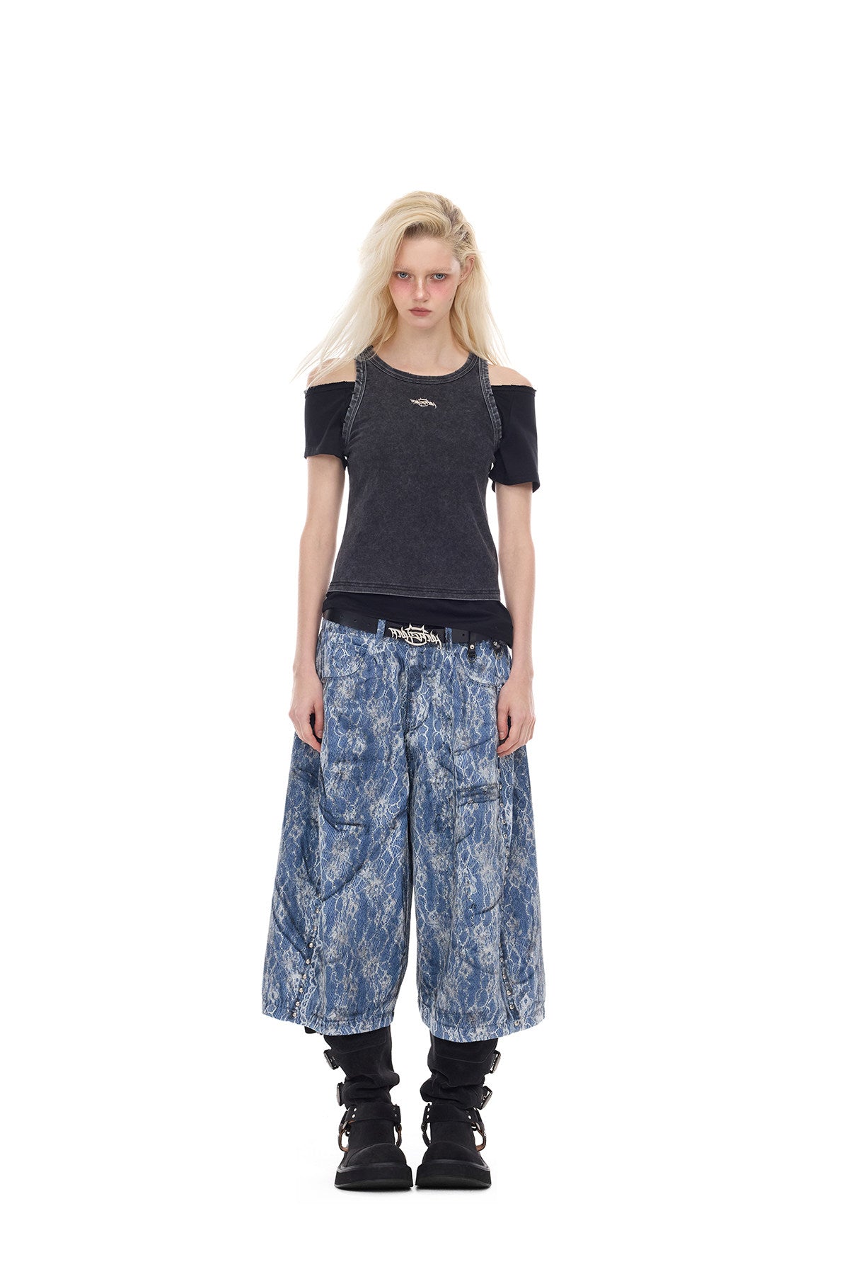 PINKSPINK ELECTRIC MOON lace-coated wide-leg denim shorts in blue — full-length front modeled view styled with a charcoal tank top