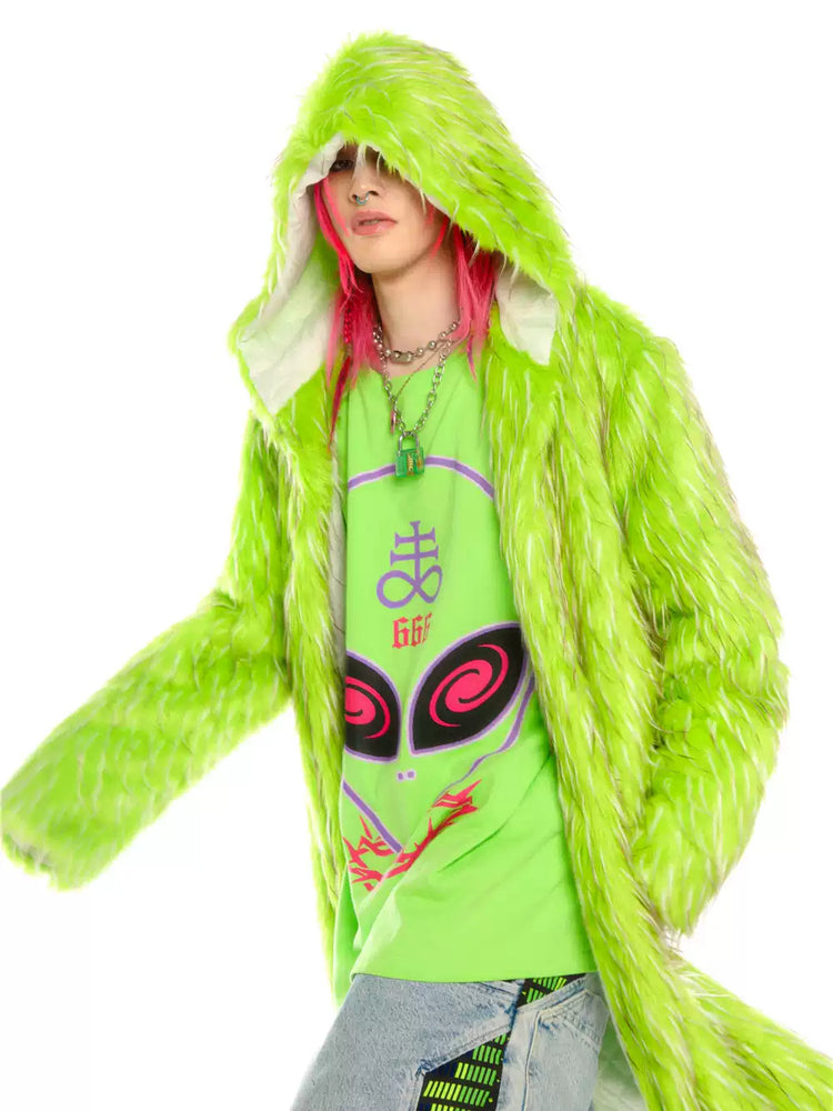 DEADENDKIDS ALIEN LIME long faux-fur hooded coat — alternate styled presentation