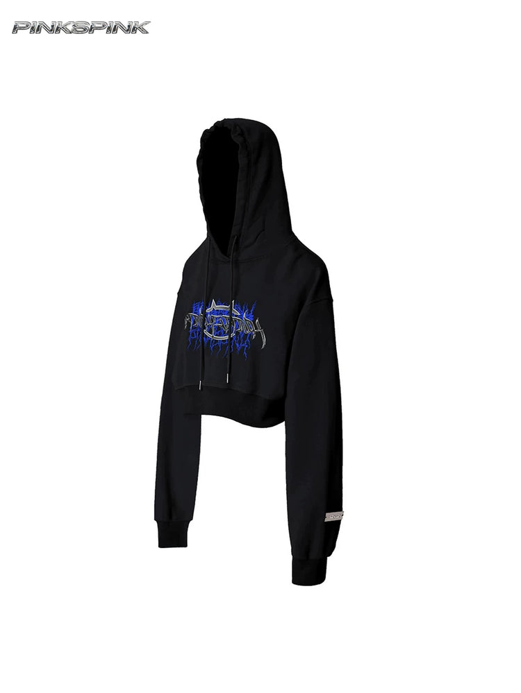 PINKSPINK THORN SIGNAL open-back cropped hoodie — black front garment-only view