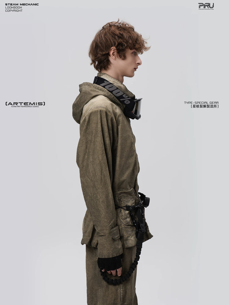 STARCORE lunar soil green distressed work jacket — rear modeled view