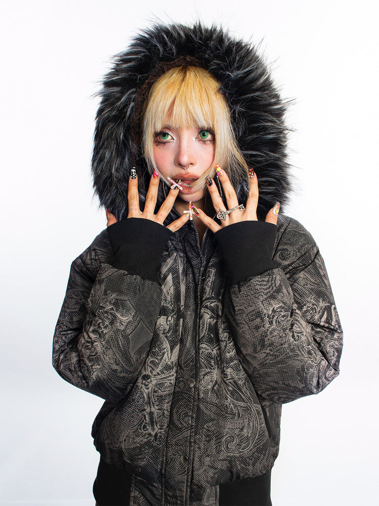 4RE1GN GOTHIC down jacket in charcoal ornamental print — Hood-up close-up showing plush trim and patterned sleeves.