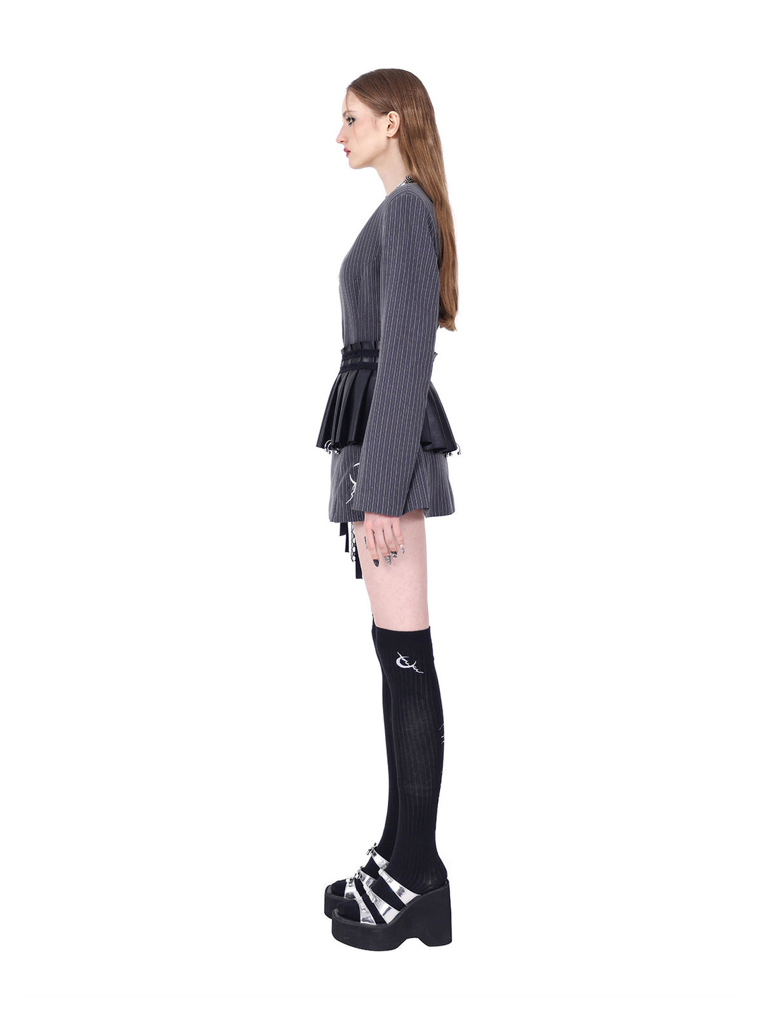 PINKSPINK ELECTRIC MOON pinstripe ring-detail blazer dress in gray pinstripe — full-length side modeled view showing the shaped waist and long sleeve