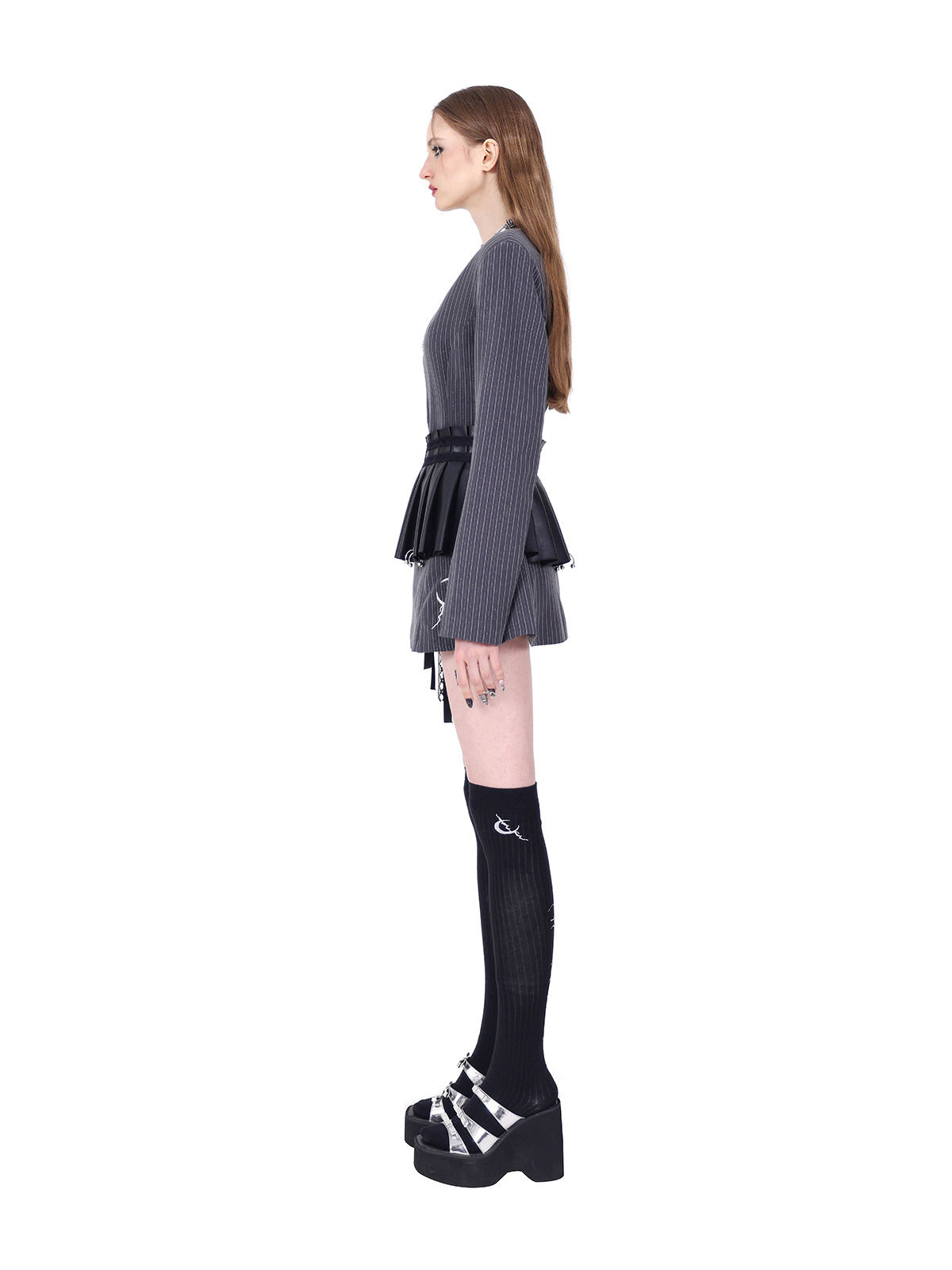 PINKSPINK ELECTRIC MOON pinstripe ring-detail blazer dress in gray pinstripe — full-length side modeled view showing the shaped waist and long sleeve