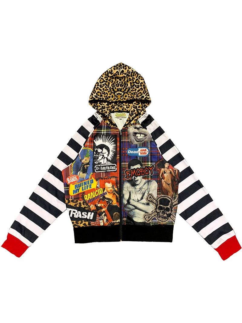 DEADENDKIDS PUNK COLLAGE fleece zip hoodie — full-length modeled view