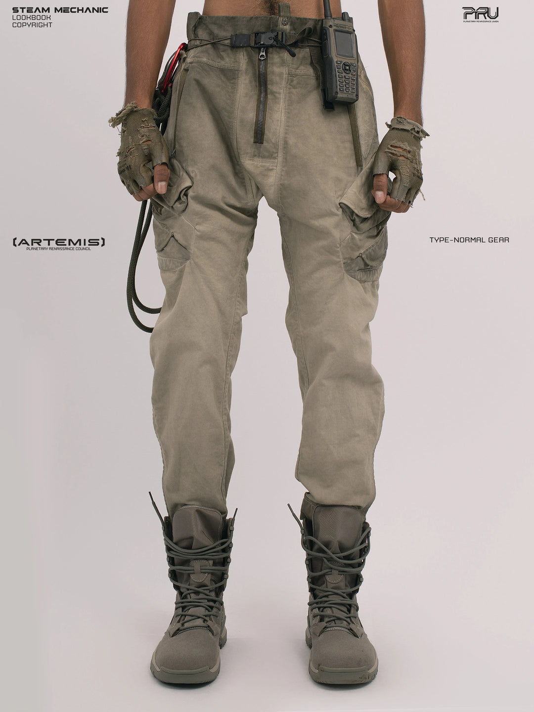 AEGIS lunar soil teal multi-pocket moto pants — front modeled product view
