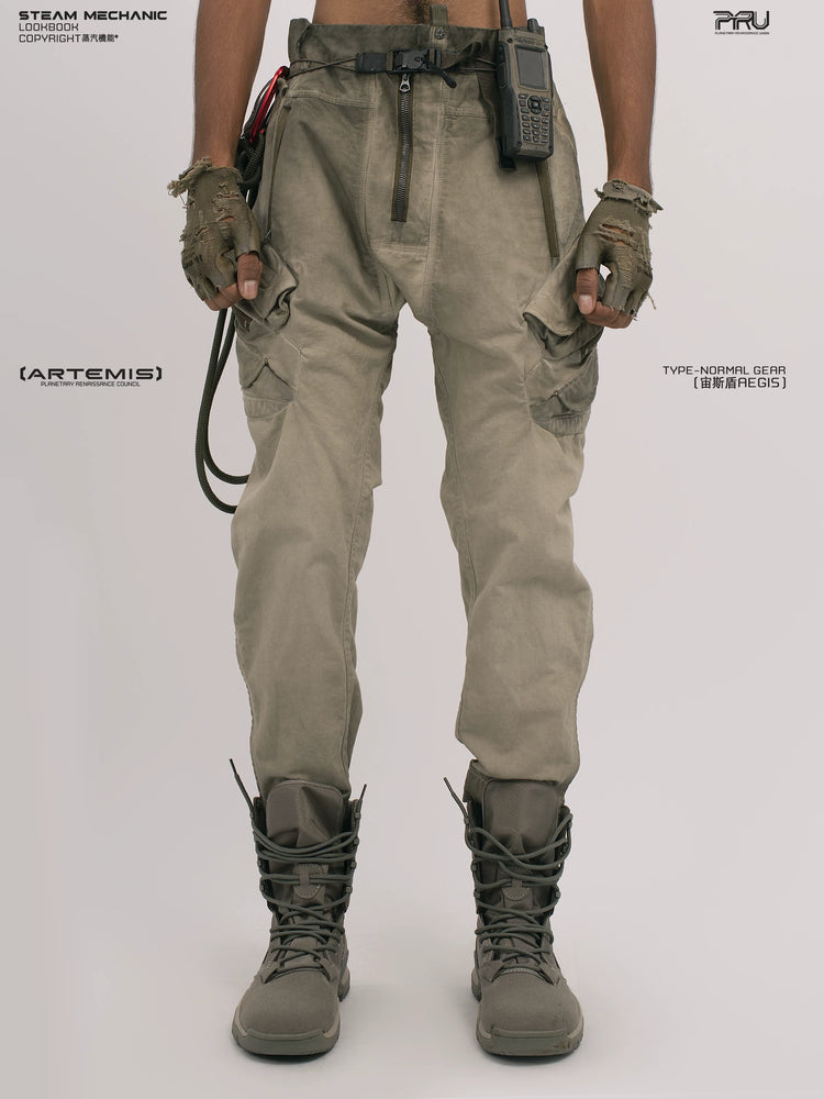 AEGIS lunar soil teal multi-pocket moto pants — front modeled product view
