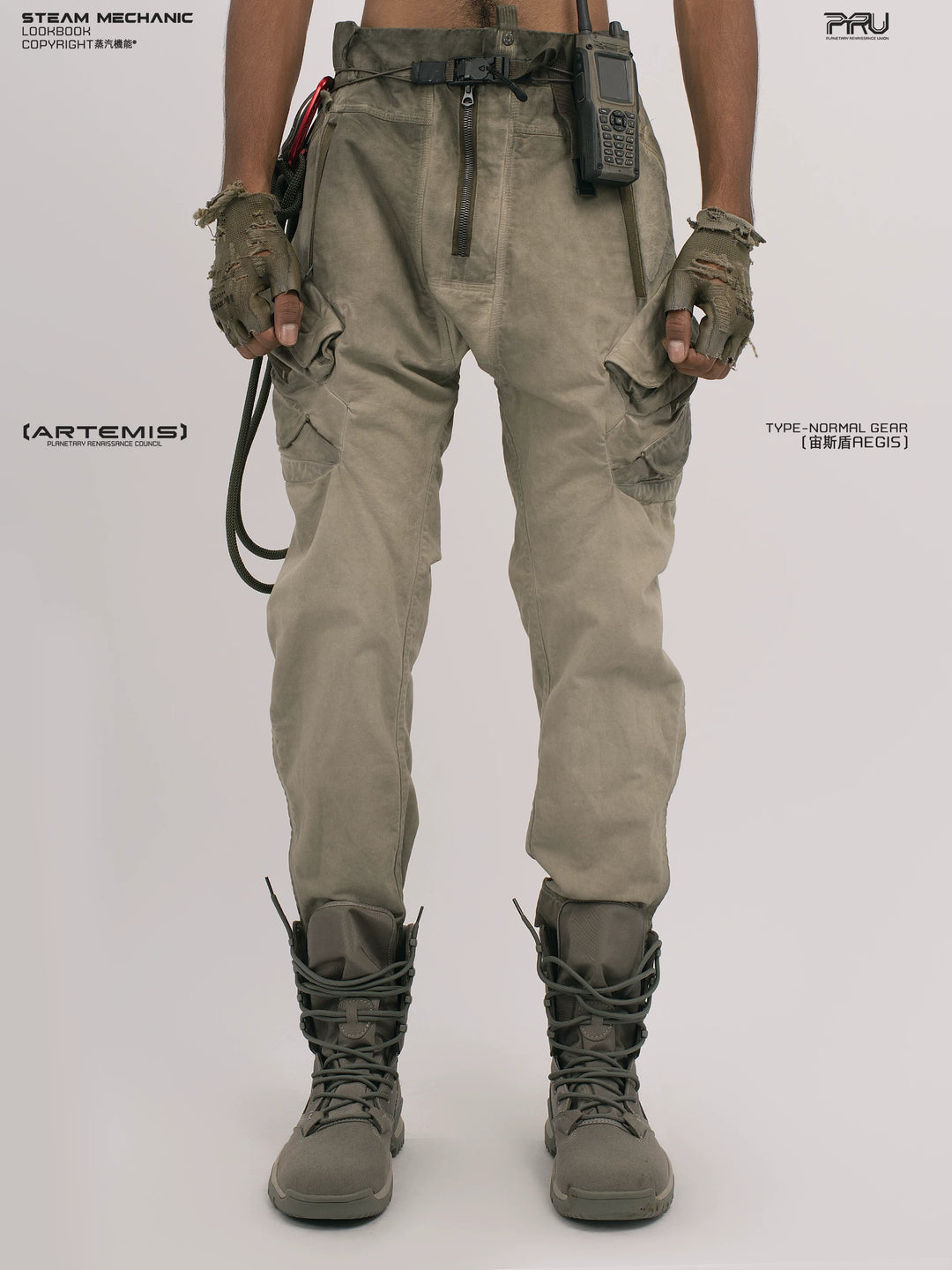 AEGIS lunar soil teal multi-pocket moto pants — front modeled product view