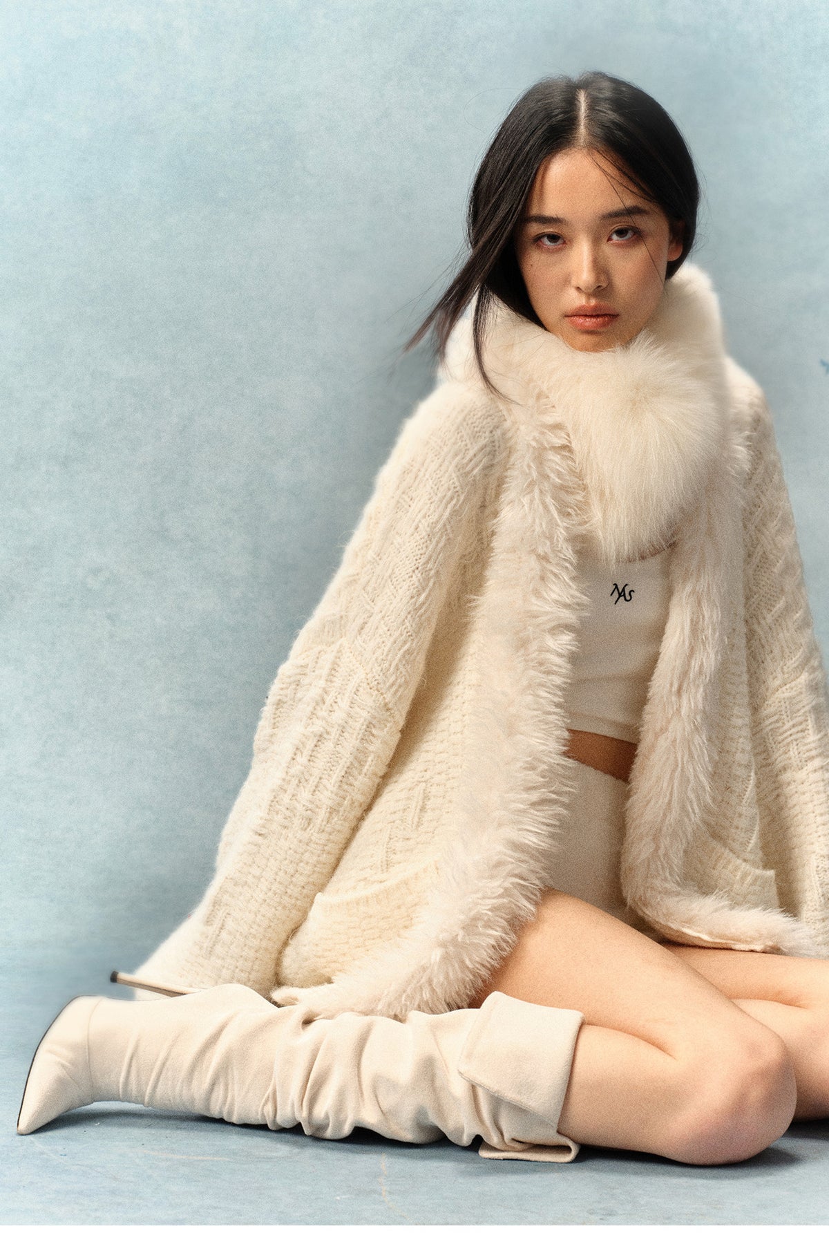 NAWS ARCTIC shearling-collar wool-mohair cardigan — full-length modeled styling view