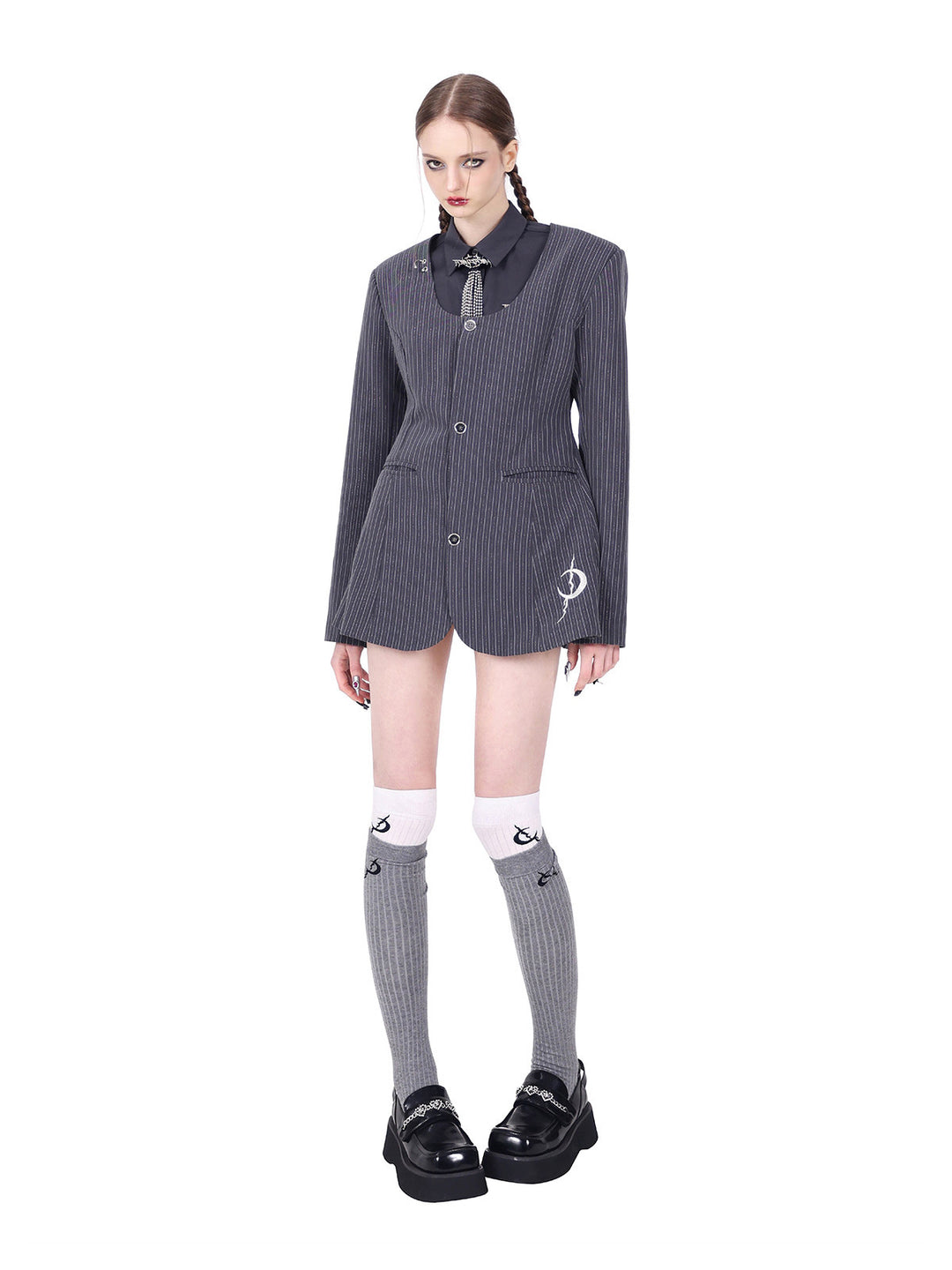 PINKSPINK ELECTRIC MOON pinstripe ring-detail blazer dress in gray pinstripe — full-length angled modeled view with gray knee-high socks