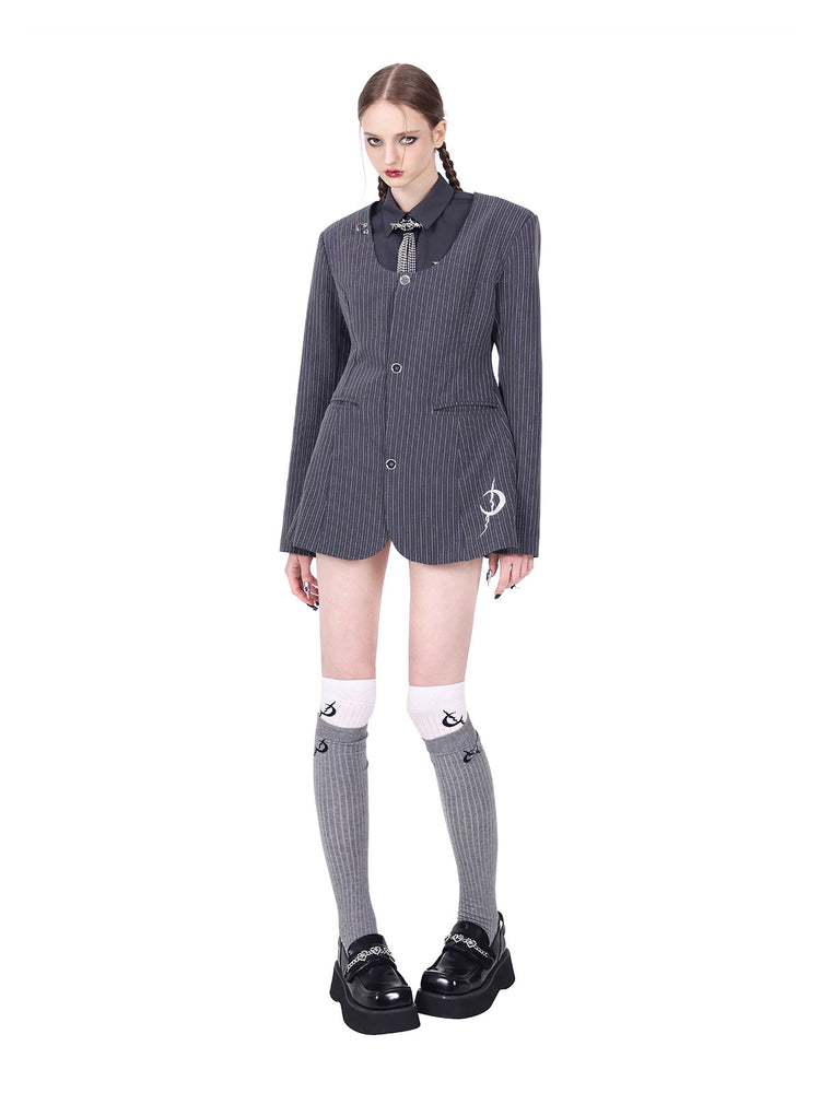 PINKSPINK ELECTRIC MOON pinstripe ring-detail blazer dress in gray pinstripe — full-length angled modeled view with gray knee-high socks