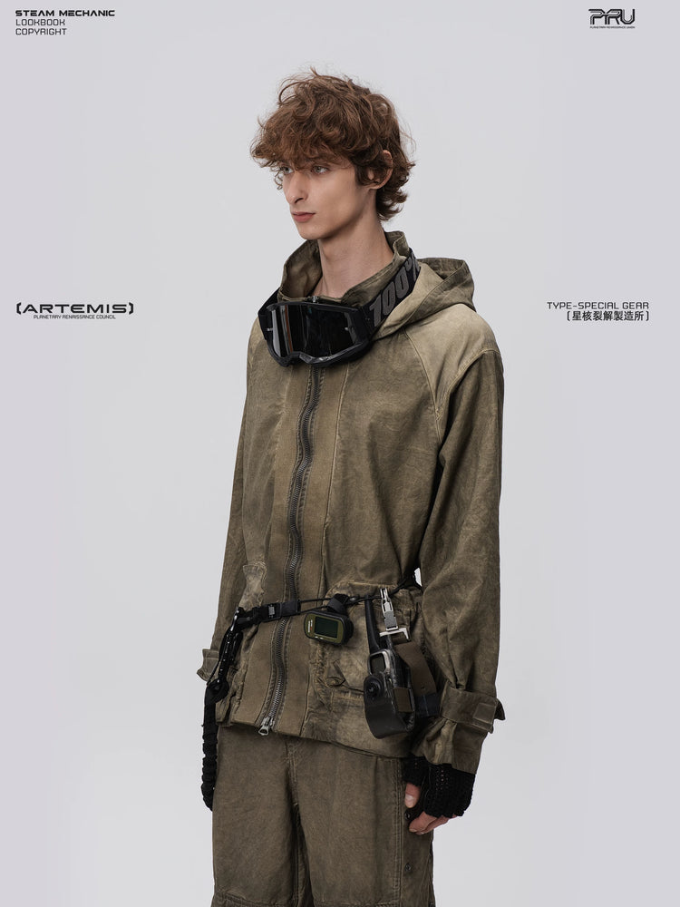 STARCORE lunar soil green distressed work jacket — alternate modeled angle