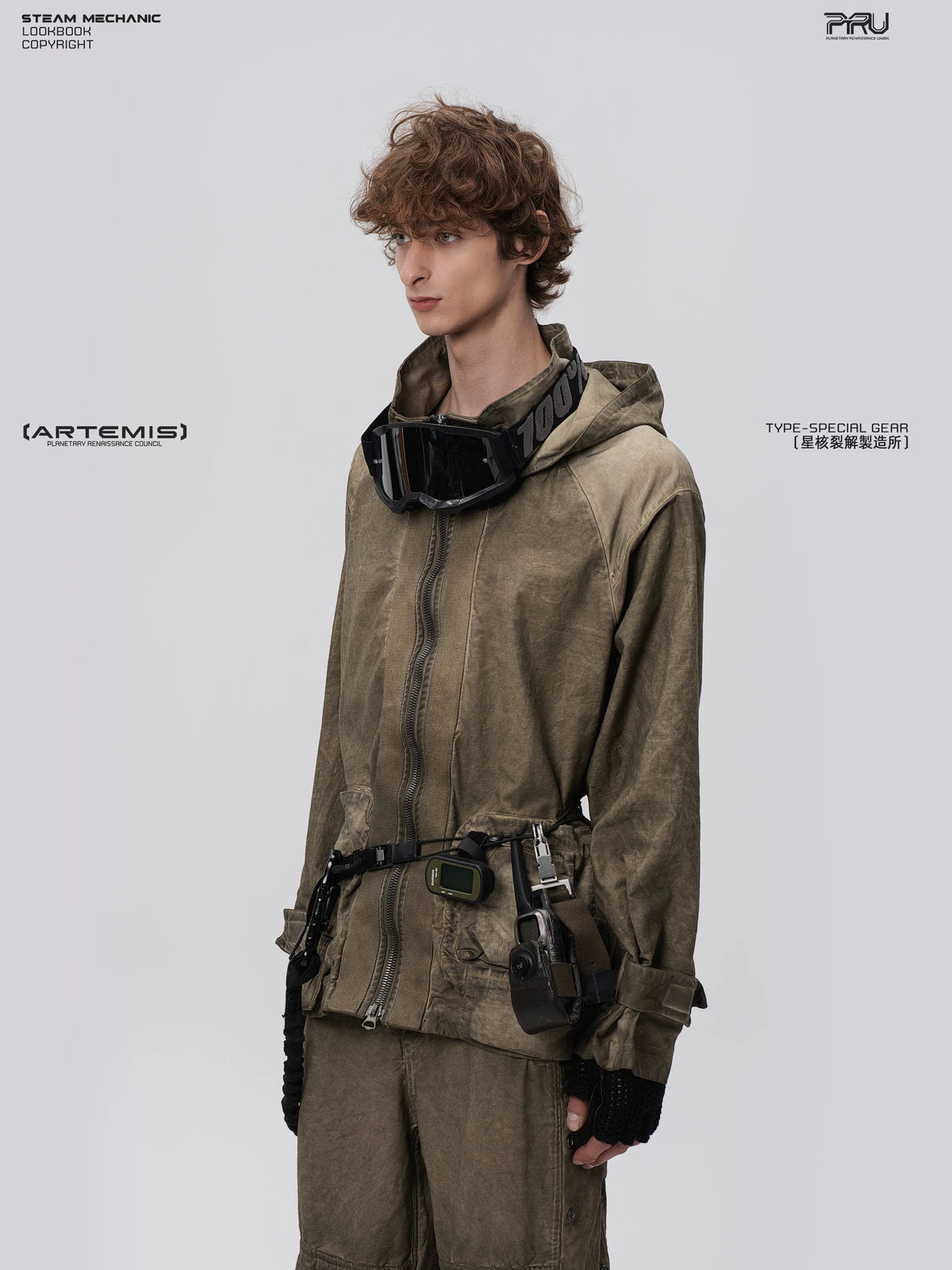STARCORE lunar soil green distressed work jacket — alternate modeled angle