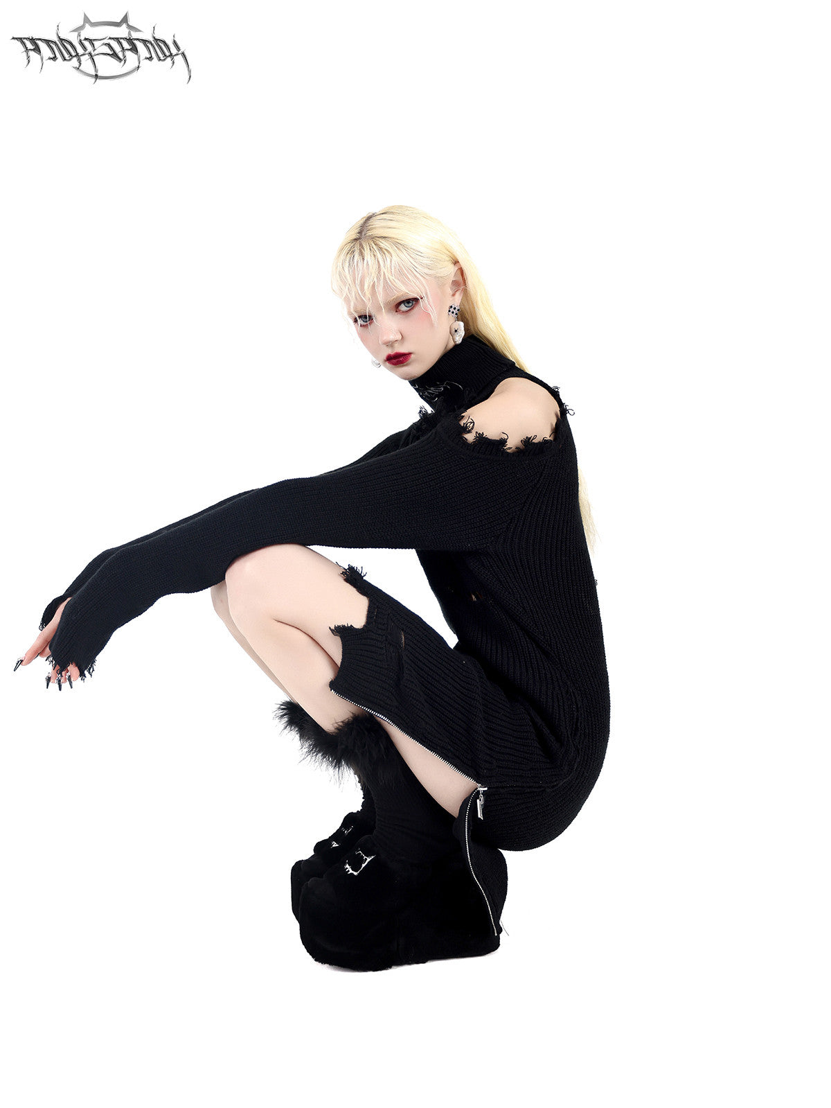 PINKSPINK RIFT embroidered cutout sweater dress — alternate modeled view showing the silhouette
