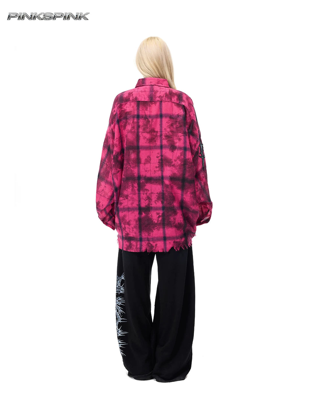 PINKSPINK ELECTRIC MOON distressed oversized plaid shirt in pink and black plaid — full-length back modeled view showing the long frayed hem