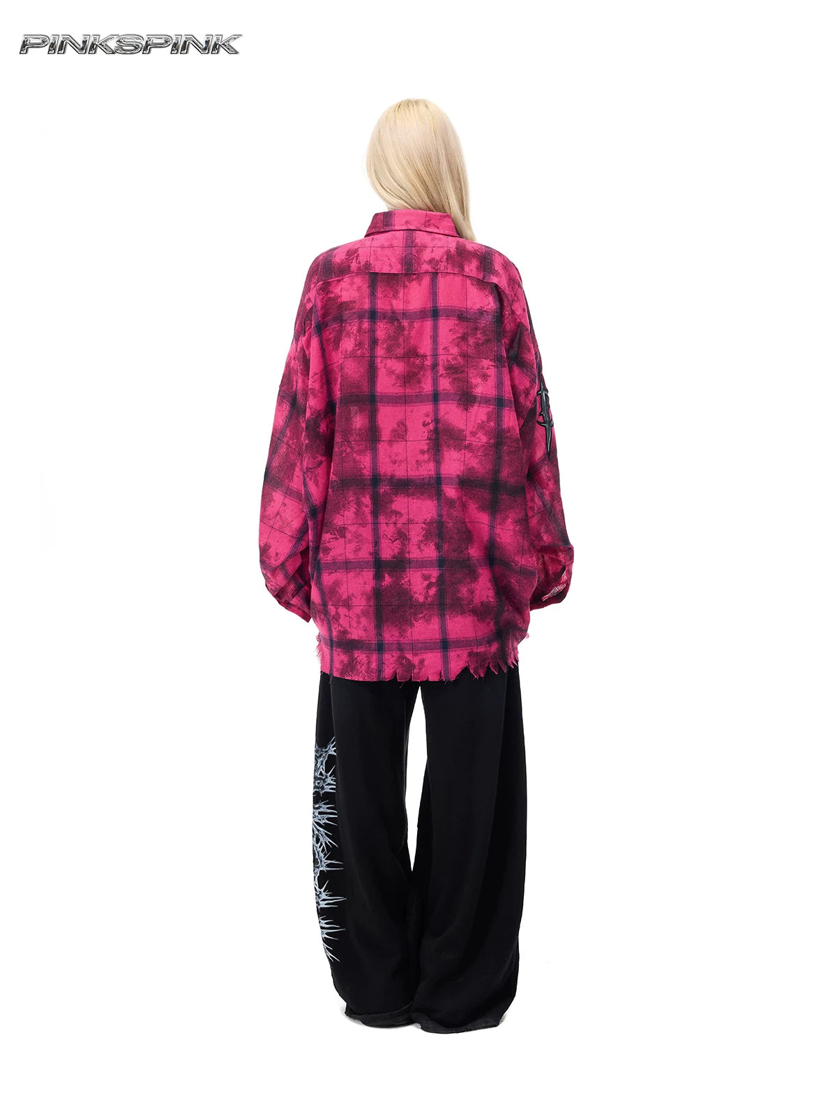 PINKSPINK ELECTRIC MOON distressed oversized plaid shirt in pink and black plaid — full-length back modeled view showing the long frayed hem