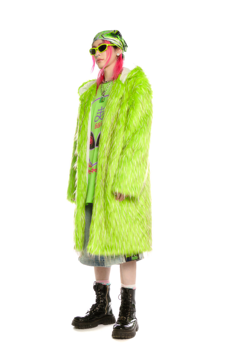 DEADENDKIDS ALIEN LIME long faux-fur hooded coat — close modeled view