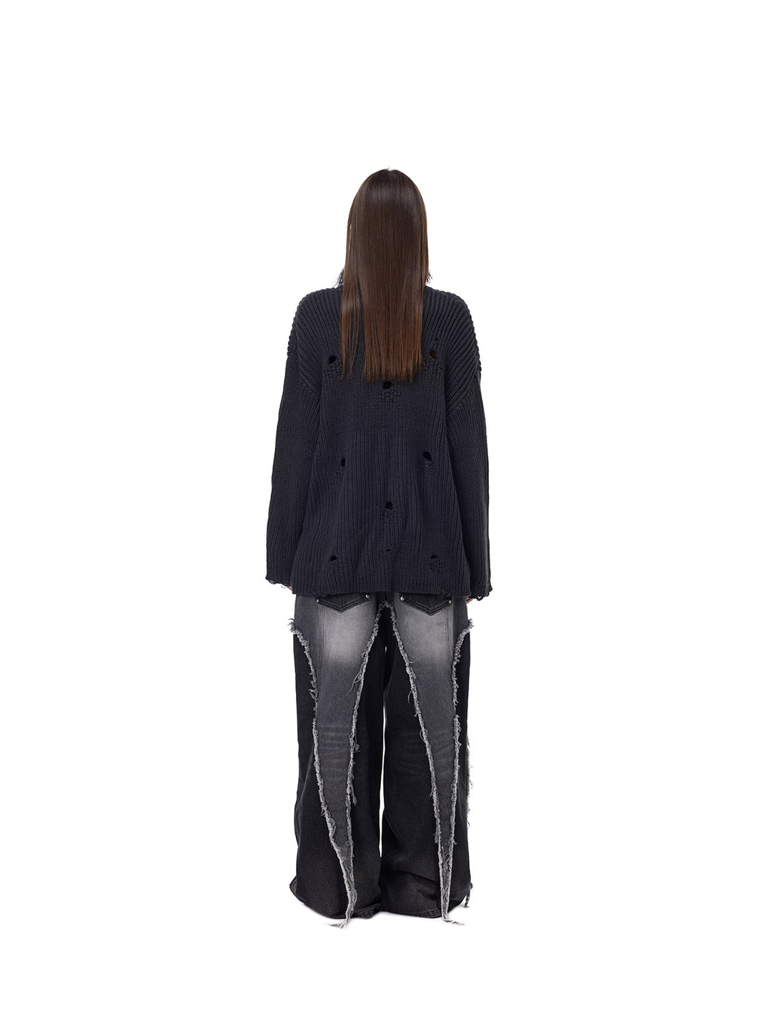 PINKSPINK ELECTRIC MOON distressed high-neck sweater — dark gray back full-length view