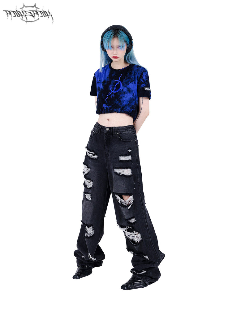 PINKSPINK ELECTRIC MOON double-layer tie-dye crop tee — blue-black full-length front modeled view
