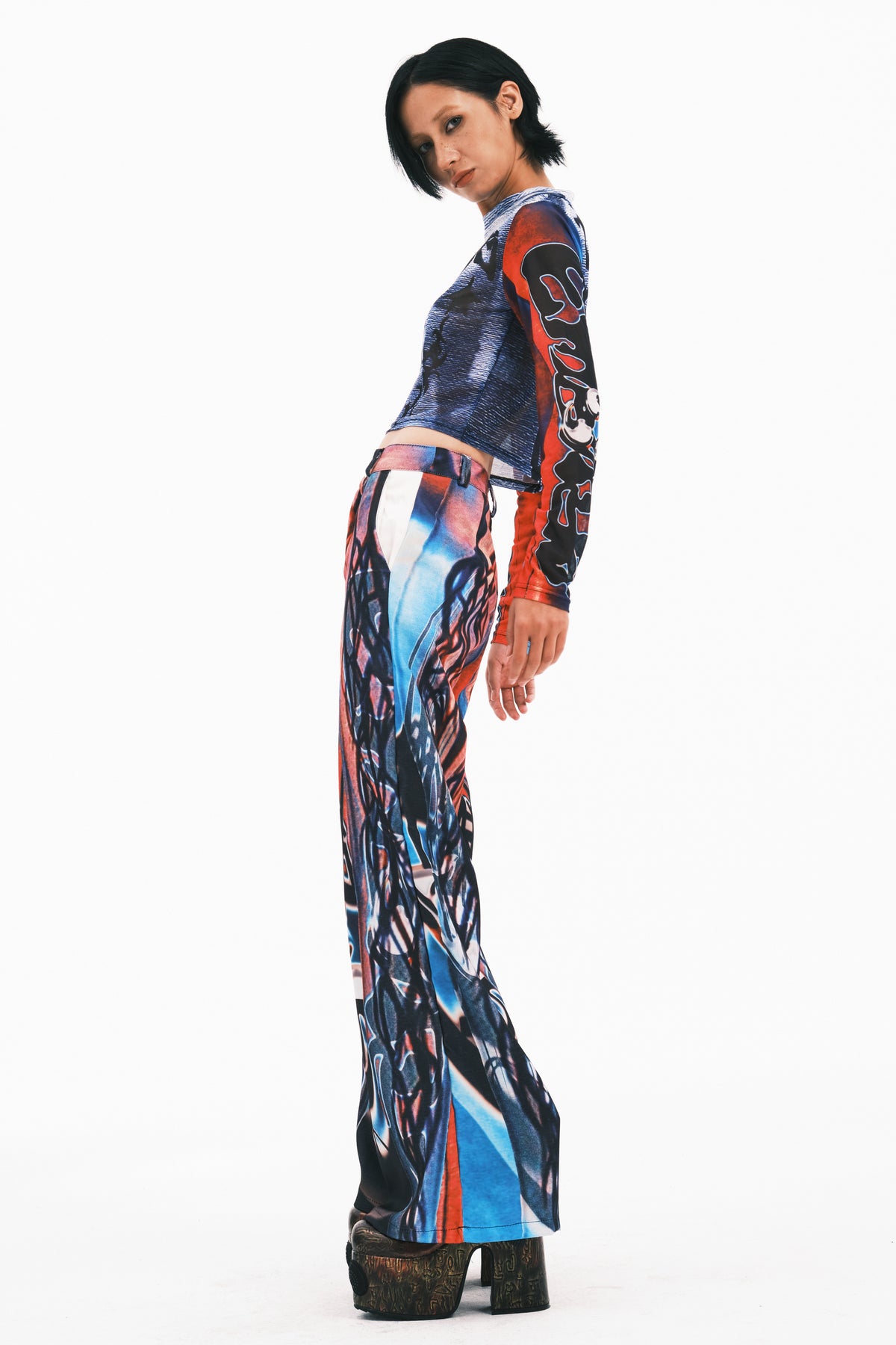 EMBRYO MYSTIC TOTEM fitted mesh crop top — rear modeled view