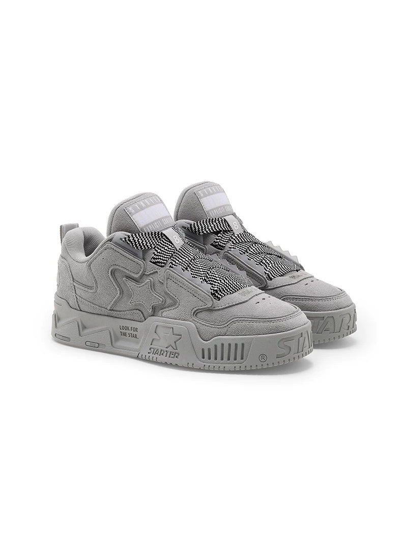 STARTER VOL 90S SONIC Gray pair in a clean three-quarter studio view with broad laces and star-panel platforms