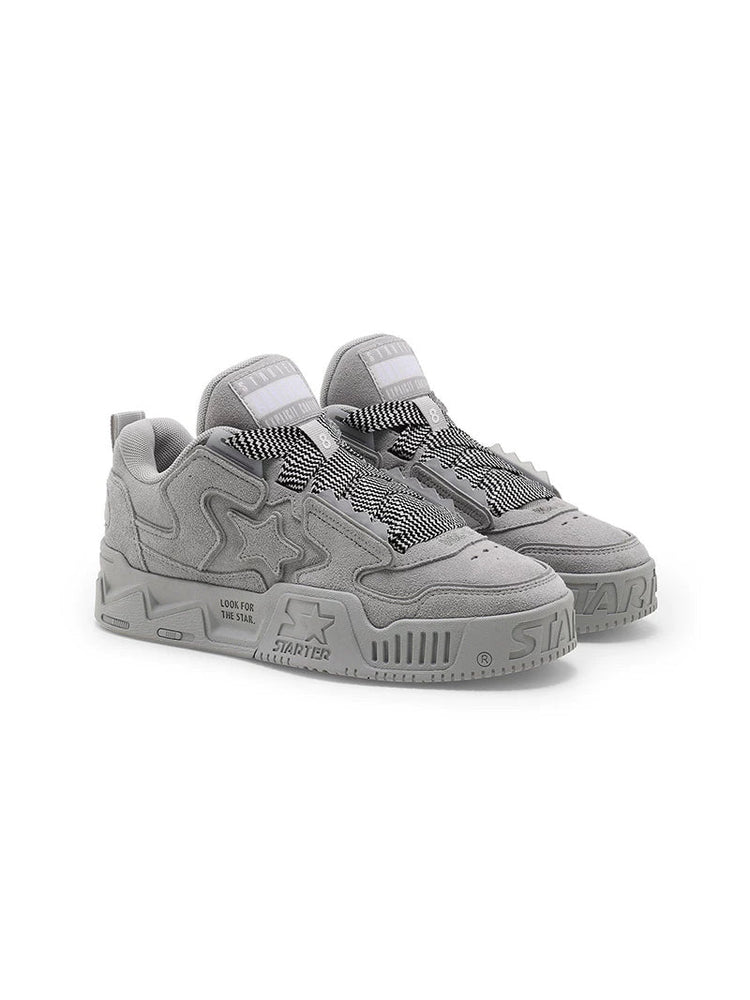 STARTER VOL 90S SONIC Gray pair in a clean three-quarter studio view with broad laces and star-panel platforms