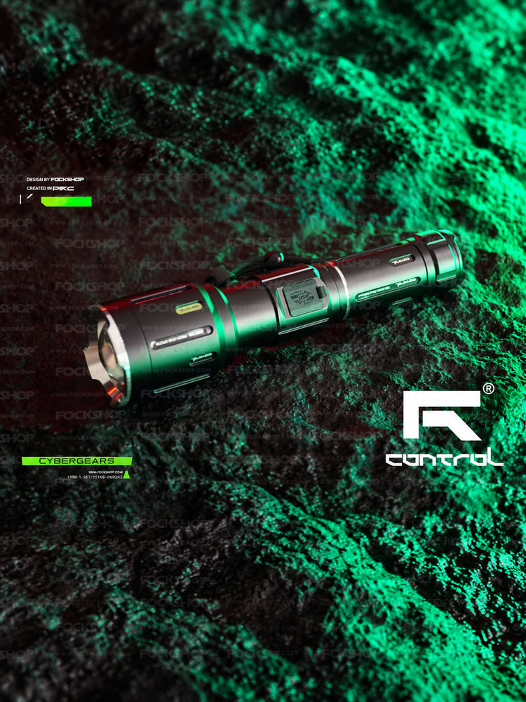 FOCKSHOP SHENGUANG zoom flashlight — green-lit opposite-side view showing the covered charging port and wrist strap