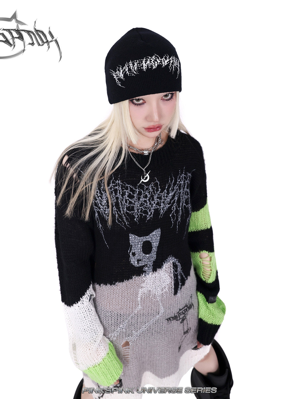 PINKSPINK GALAXY LIGHTNING logo knit beanie — product detail view showing texture and hardware