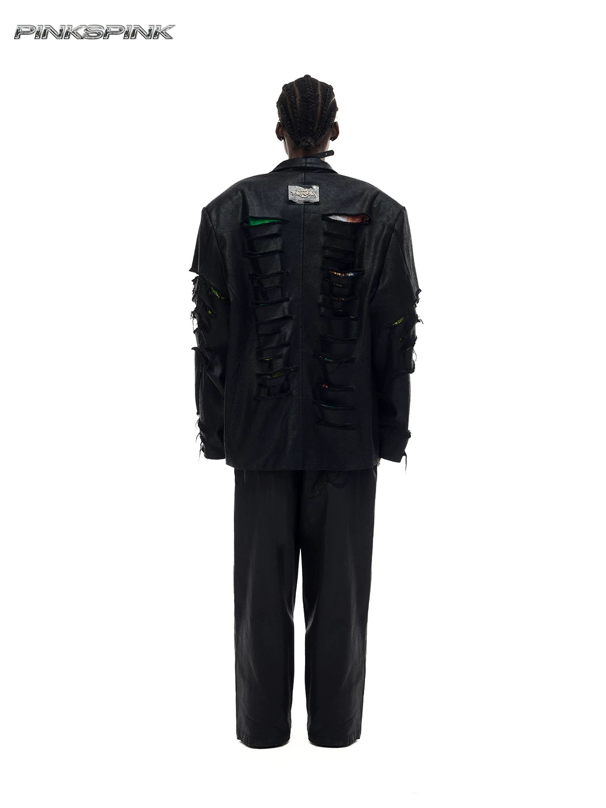 PINKSPINK BREACH distressed coated oversized blazer in black — full-length back modeled view showing rows of distressed slashes