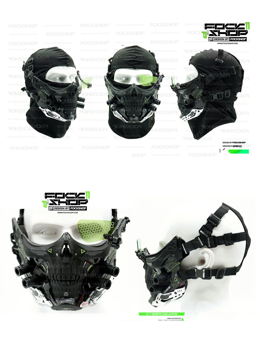 FOCKSHOP STARPOLE skull cyber mask — green-lens mask from front and side with rear strap fastening shown on the original display head