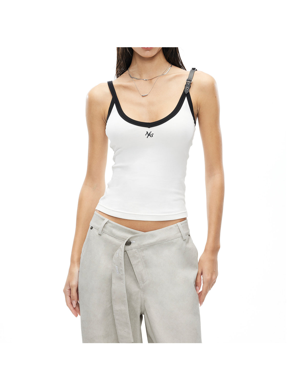NAWS MONA leather-belt camisole — alternate modeled styling view