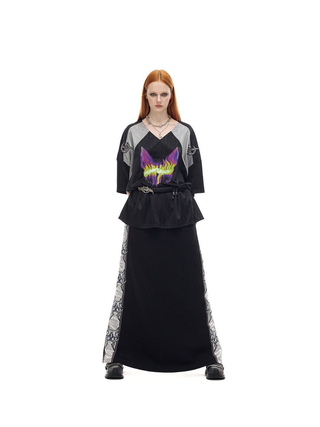 PINKSPINK FLAMECAT oversized sports jersey in black and gray — full-length belted counterpart to the first gallery image