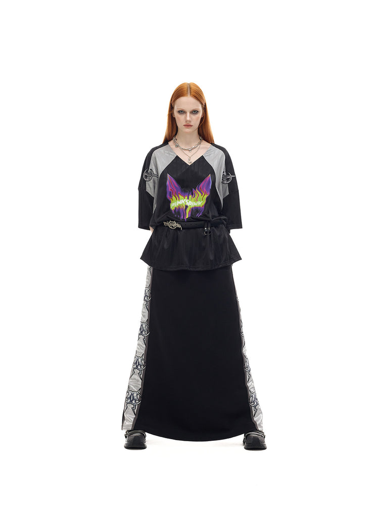 PINKSPINK FLAMECAT oversized sports jersey in black and gray — full-length belted counterpart to the first gallery image