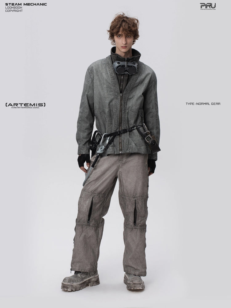 GAIA meteor gray open-collar technical robe — full-length front modeled view