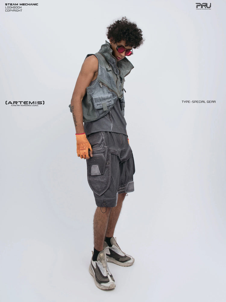 AEGIS stellar blue distressed mesh tank top — full-length styled side view with a utility vest layered over the tank
