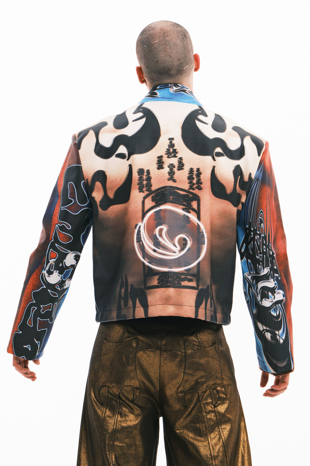 EMBRYO POWER TOTEM muscle-print PU leather jacket — full-length modeled styling view