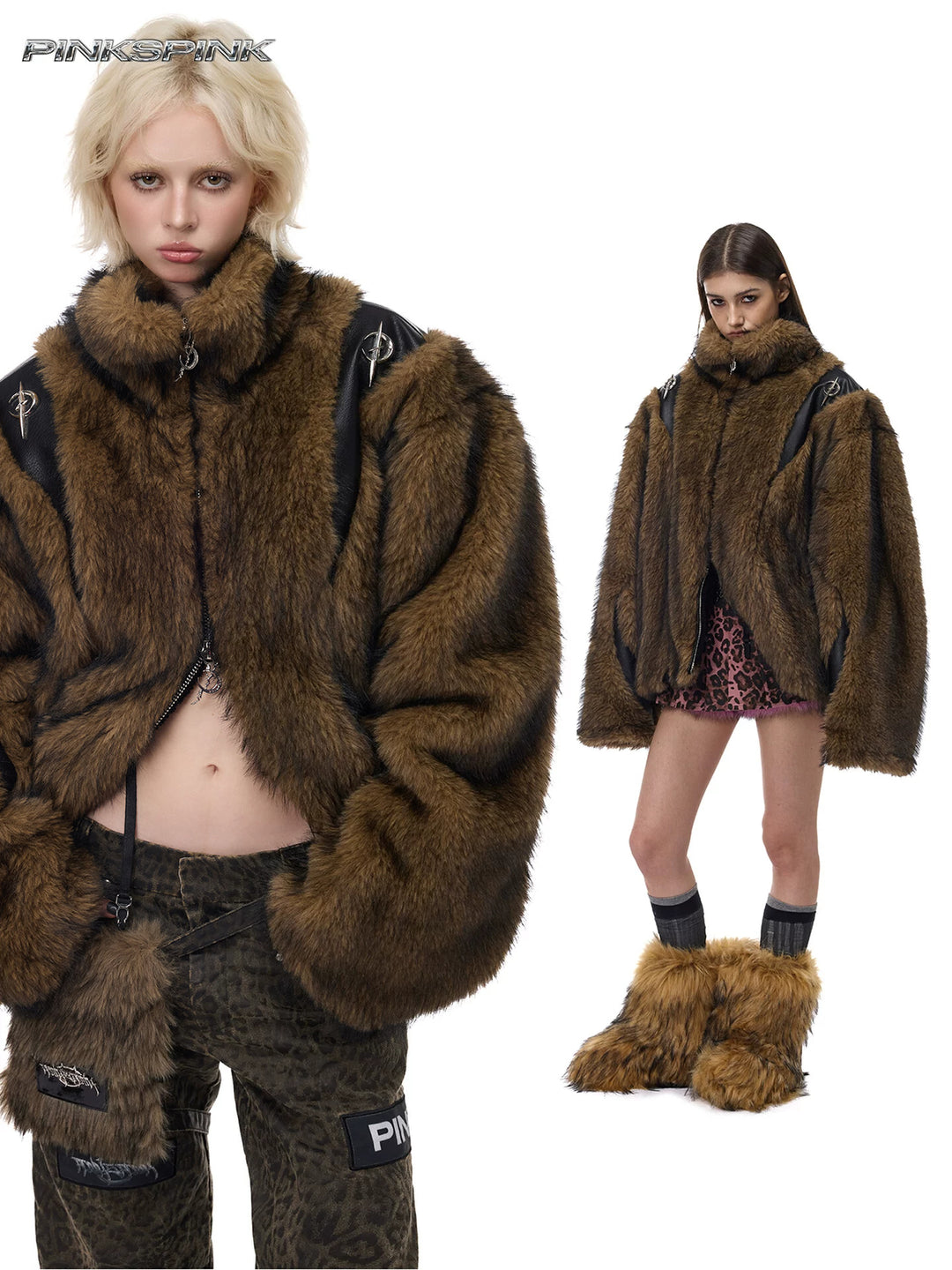 PINKSPINK ELECTRIC MOON paneled faux-fur jacket — coffee brown modeled collage of paneled faux fur