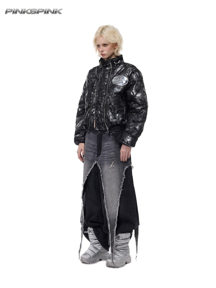 PINKSPINK ELECTRIC MOON reconstructed wide-leg jeans — three-quarter full-length styling with metallic jacket