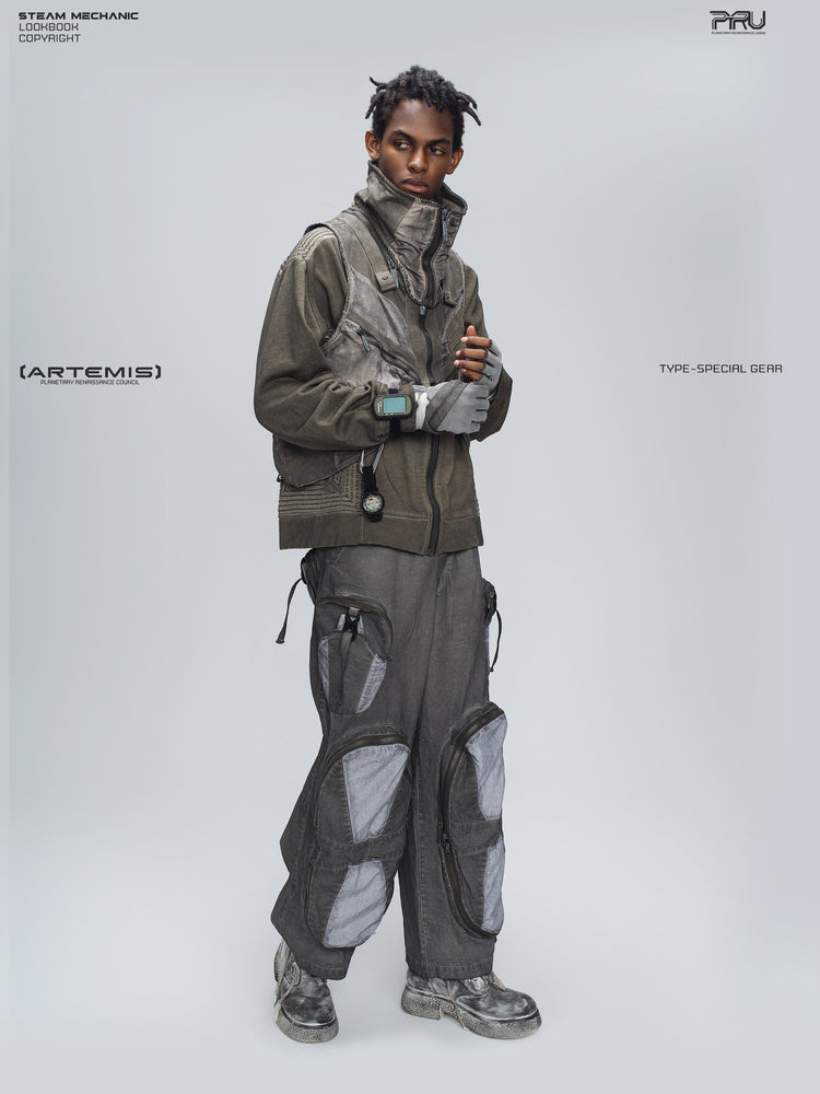 PIONEER moon dust gray welded multi-pocket work pants — construction detail