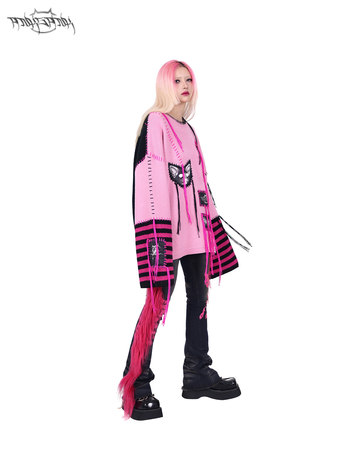 PINKSPINK BARBIE faux-fur flared jeans in PINK — side three-quarter view with the fur strip in profile.