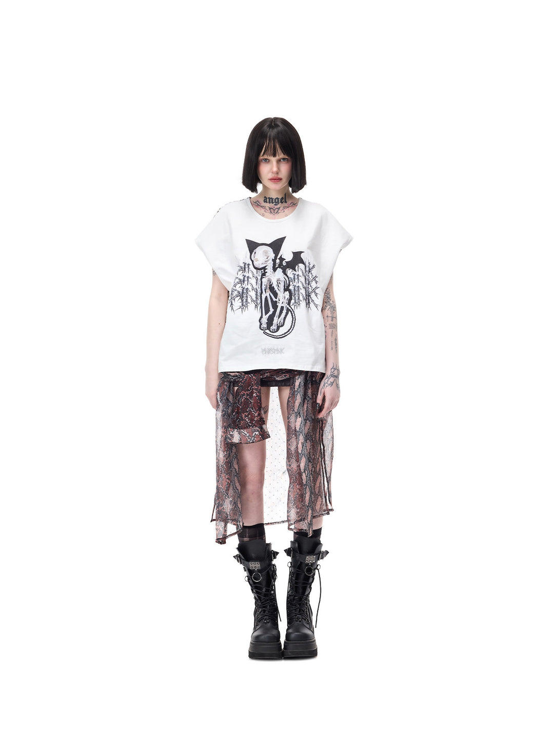 PINKSPINK VENOM rhinestone mesh shirt and mini skirt set in black and red — front view of the shirt tied at the waist with a white graphic tee