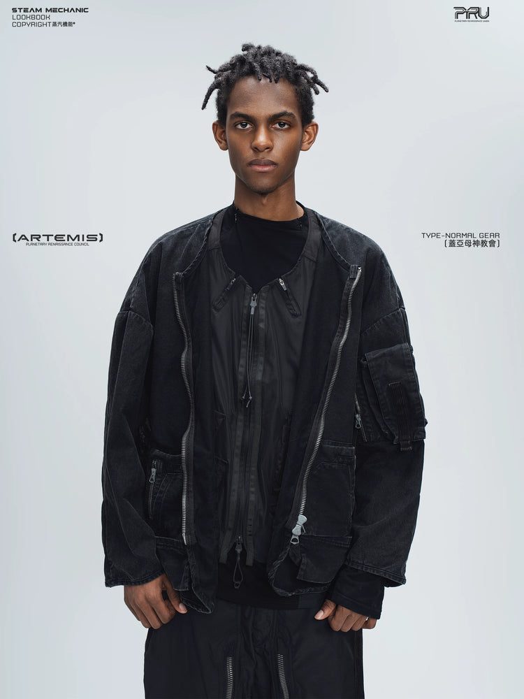 GAIA night black priest zip robe jacket — front modeled product view