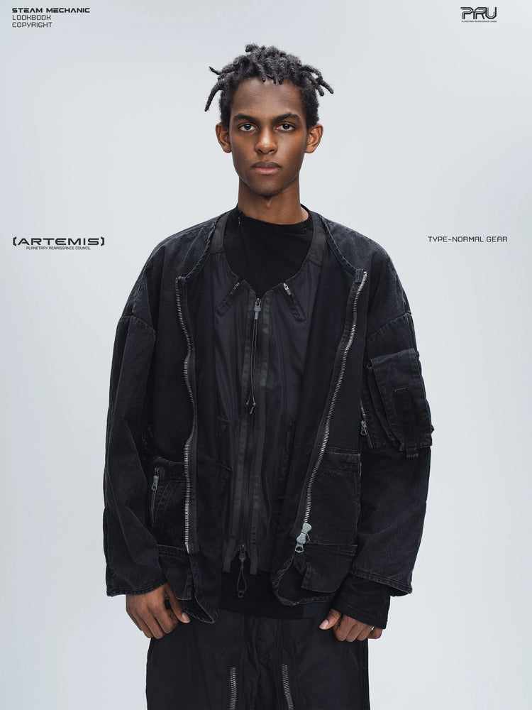 GAIA night black priest zip robe jacket — front modeled view with the jacket open, showing the round neckline and washed finish