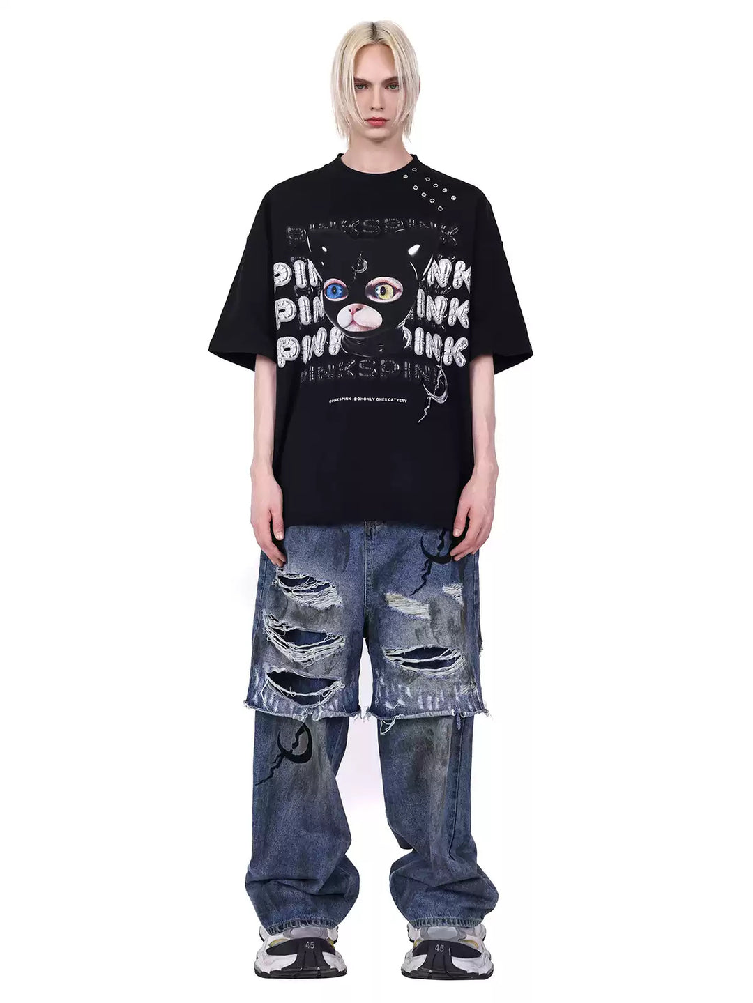PINKSPINK GERMAN CAT oversized graphic tee — modeled front styling view