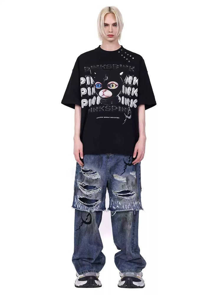 PINKSPINK GERMAN CAT oversized graphic tee — modeled front styling view