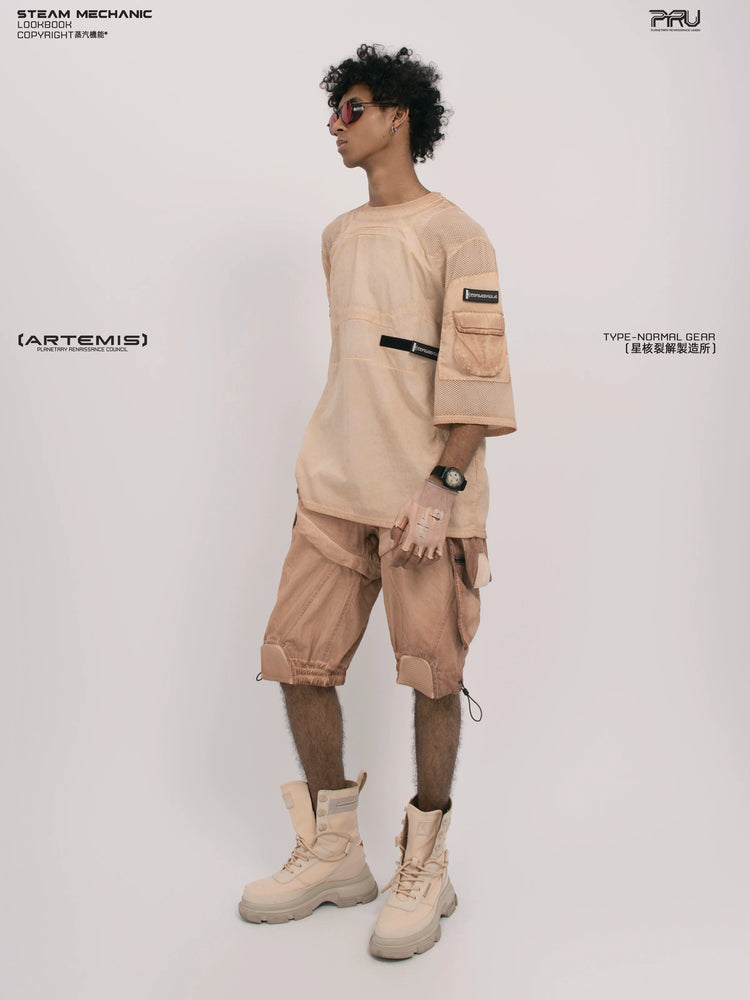 STARCORE soft dawn orange velcro mesh tee — construction detail