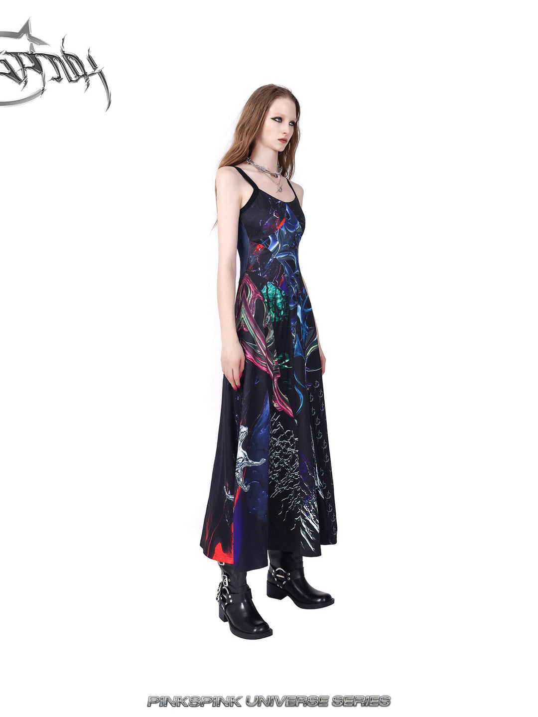 PINKSPINK ELECTRIC MOON layered alloy necklace in silver — opposite-side outfit view with a printed slip dress