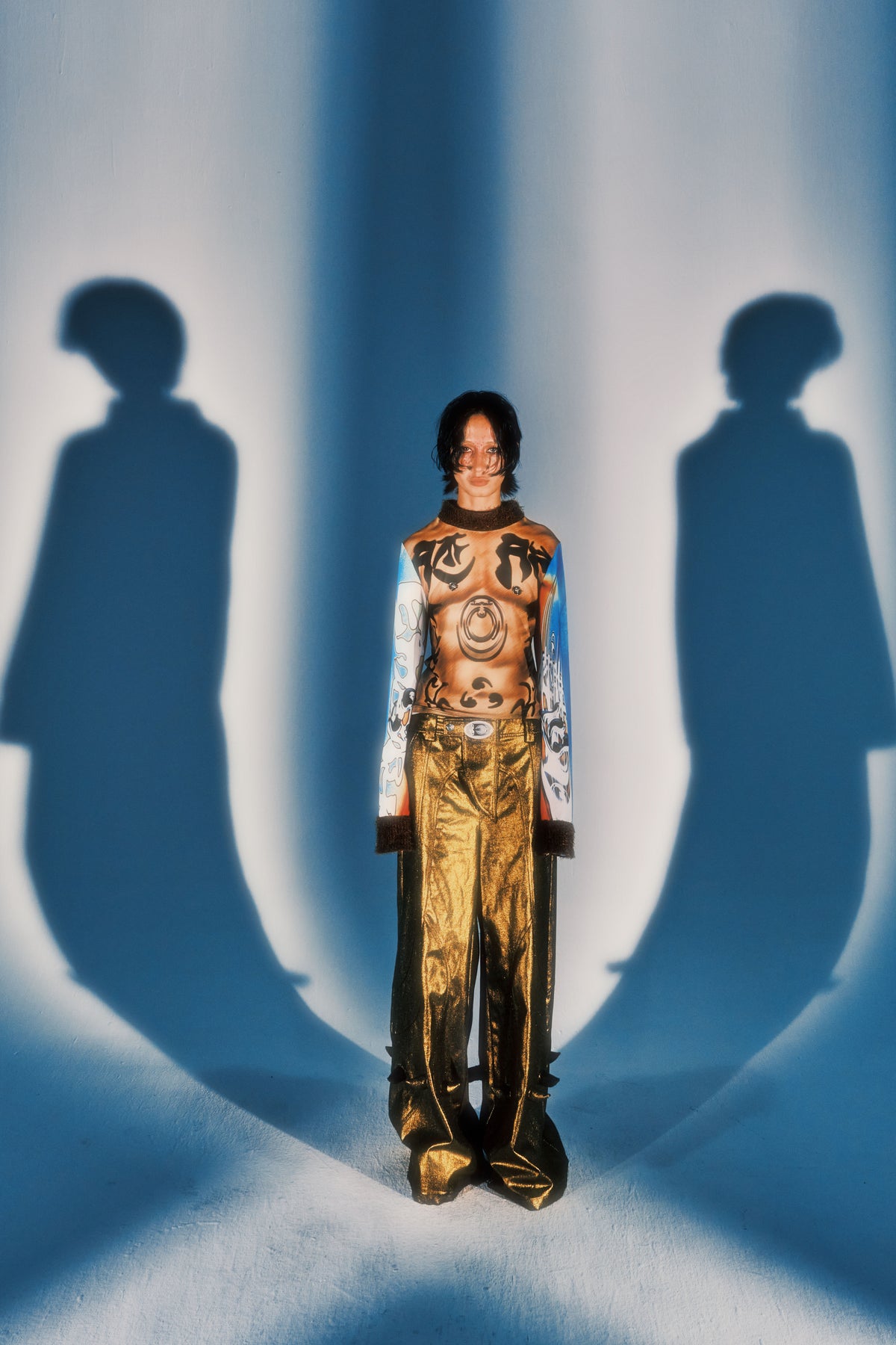 EMBRYO GOLD SPIKE metallic wide-leg pants — full-length modeled view