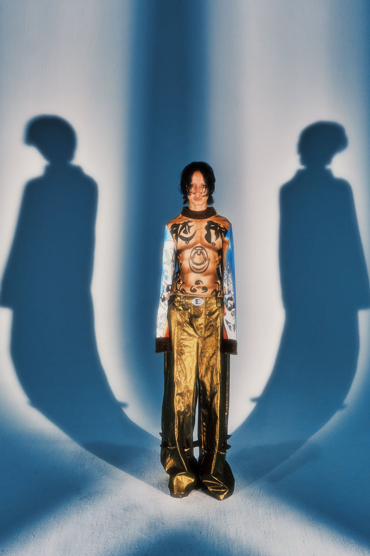 EMBRYO GOLD SPIKE metallic wide-leg pants — full-length modeled view