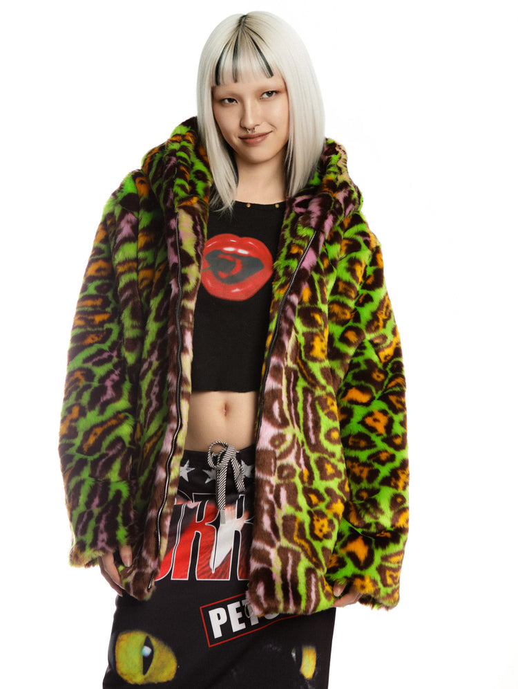 DeadEndKids leopard-print faux-fur hooded jacket in yellow green — front modeled view showing the open zipper